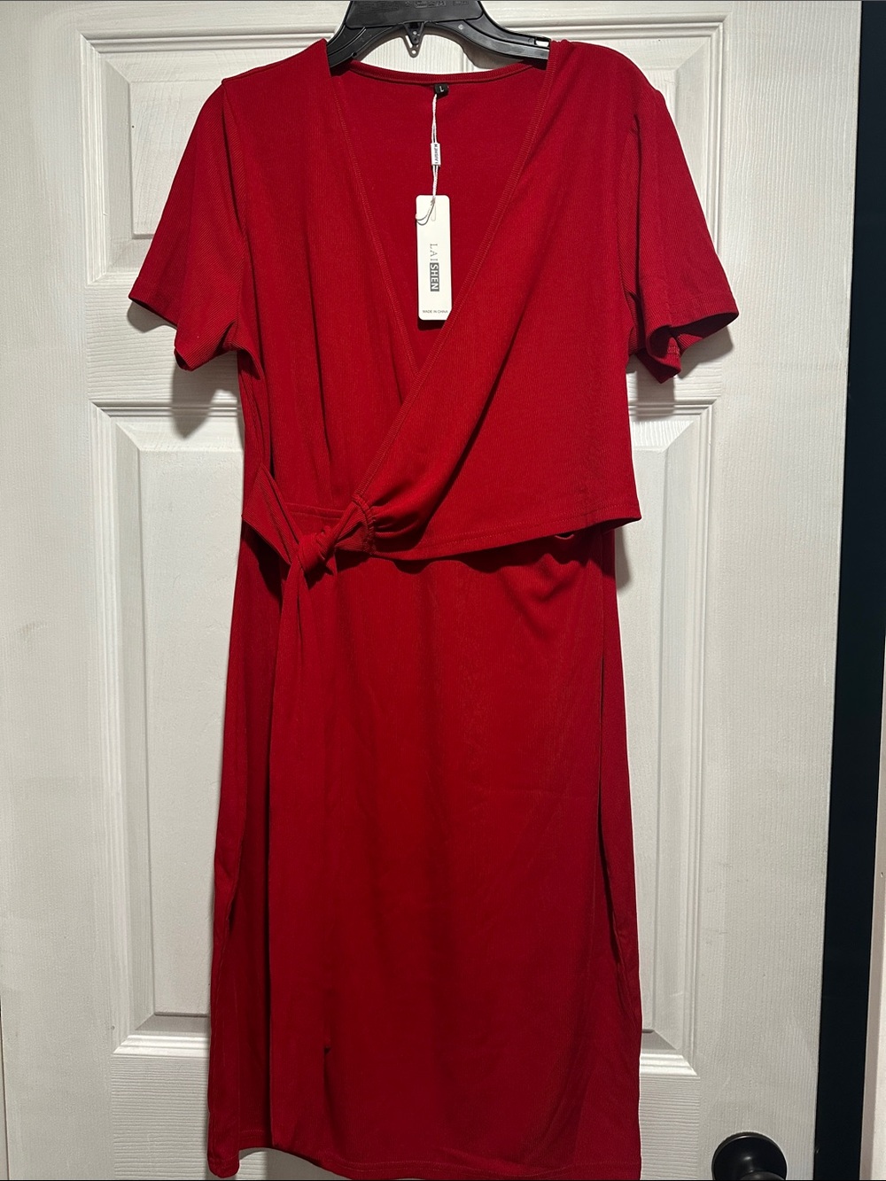 Women's Red Wrap-Style Midi Dress with Tie Waist